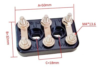 Motor terminal block 6 pin 50mm x 32mm M4 thread brass with connecting plates