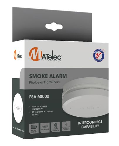 Smoke Alarm interconnected smoke detector 240V Photoelectric with 10 year battery backup FSA-60000