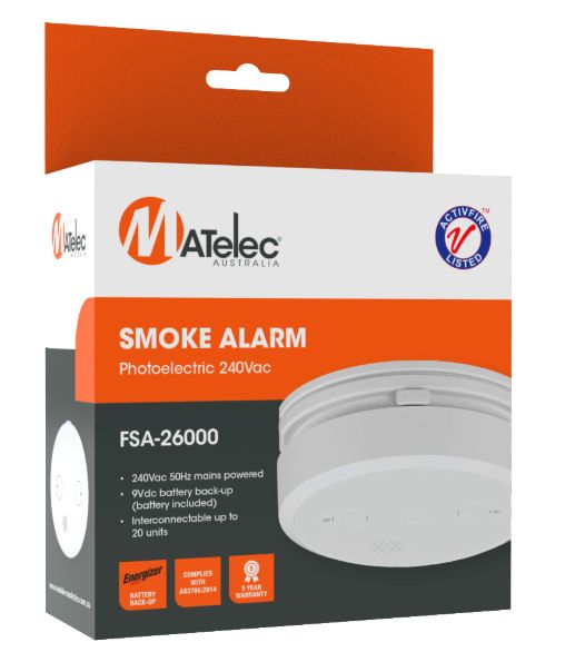 Smoke Alarm interconnected smoke detector 240V Photoelectric with 1 year 9V battery backup FSA-26000
