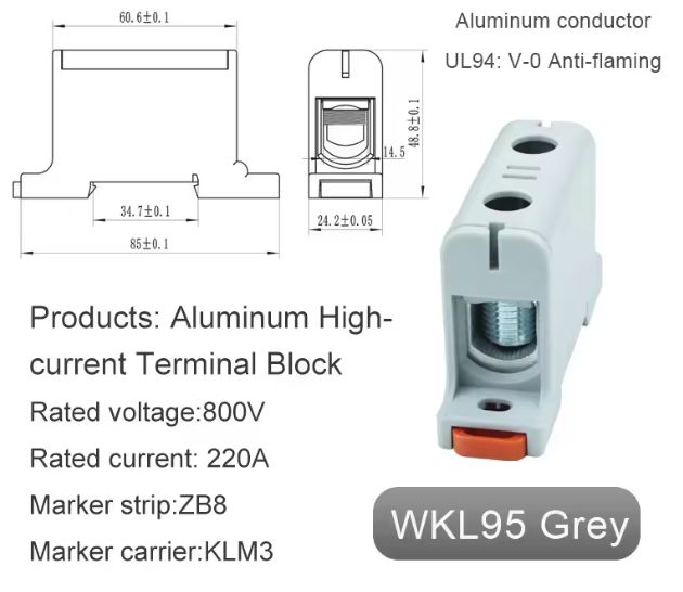 Aluminium Power Distribution block suit to 95mm sq cable 220A WKL95