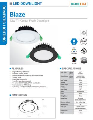 13W Downlight Black Flat Face Tri-colour CCT Dimmable BLAZE TLBL34510BD