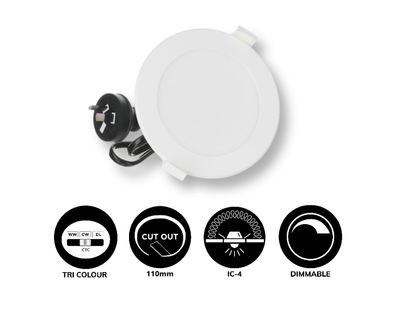 15W Downlight Tri-Colour CCT Dimmable Flat Face White 110mm Cut-Out