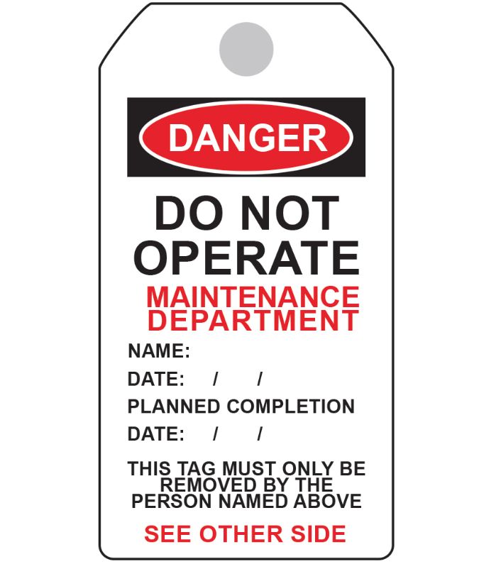&quot;Danger Do Not Operate Maintenance Department&quot; Safety LOTO Tag MLT-2