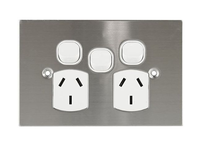 Stainless Steel Double Power point GPO with Extra Switch 10A TESGPO2XSSWH
