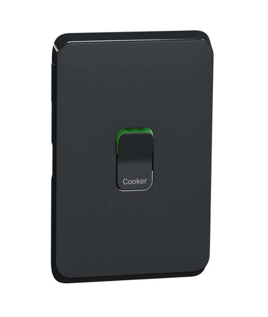 Clipsal Iconic 1 Gang vertical Cooker Switch Skin Cover Extra Black 3041-45C-XB