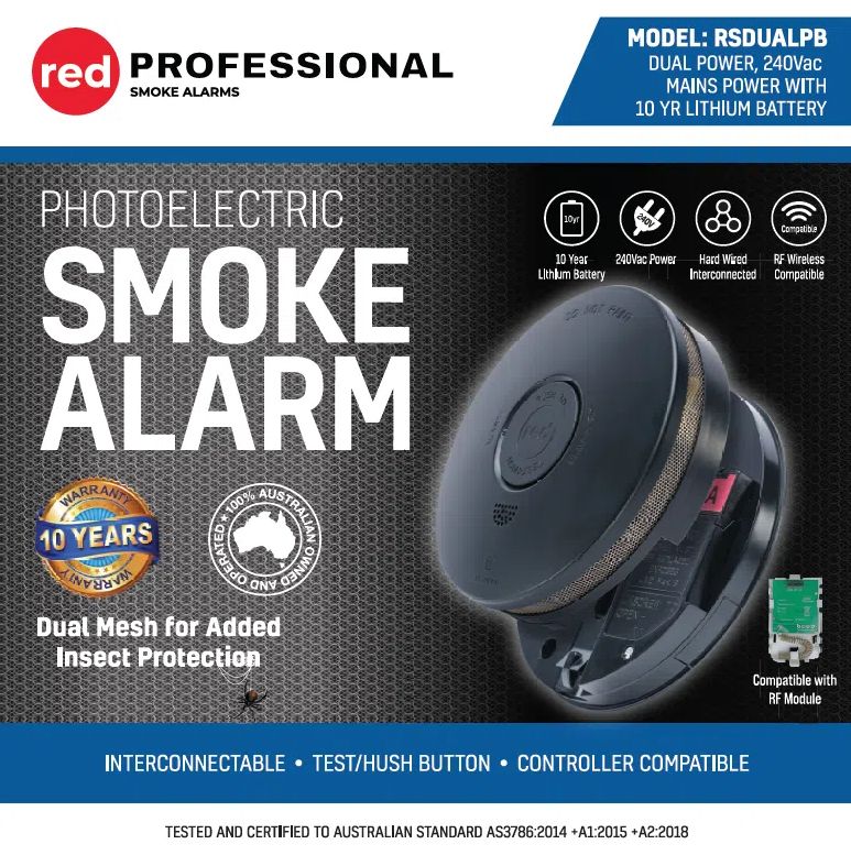 Black surface mount 240v hardwired with 10 years Battery Smoke alarm RSDUALPB