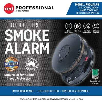 Black surface mount 240v hardwired with 10 years Battery Smoke alarm RSDUALPB