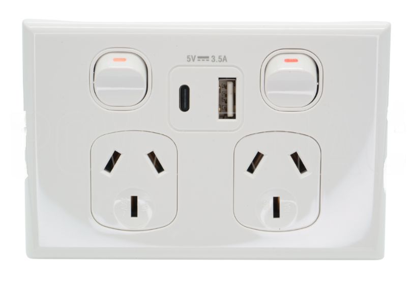 Double GPO with Vertical USB A and C charger dual port TESGPO2USBAC