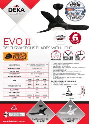 EVOII 36" 75w Ceiling Fan BLACK with 18w CCT Tricolour LED Dimmable Light EVOII36LED1BK