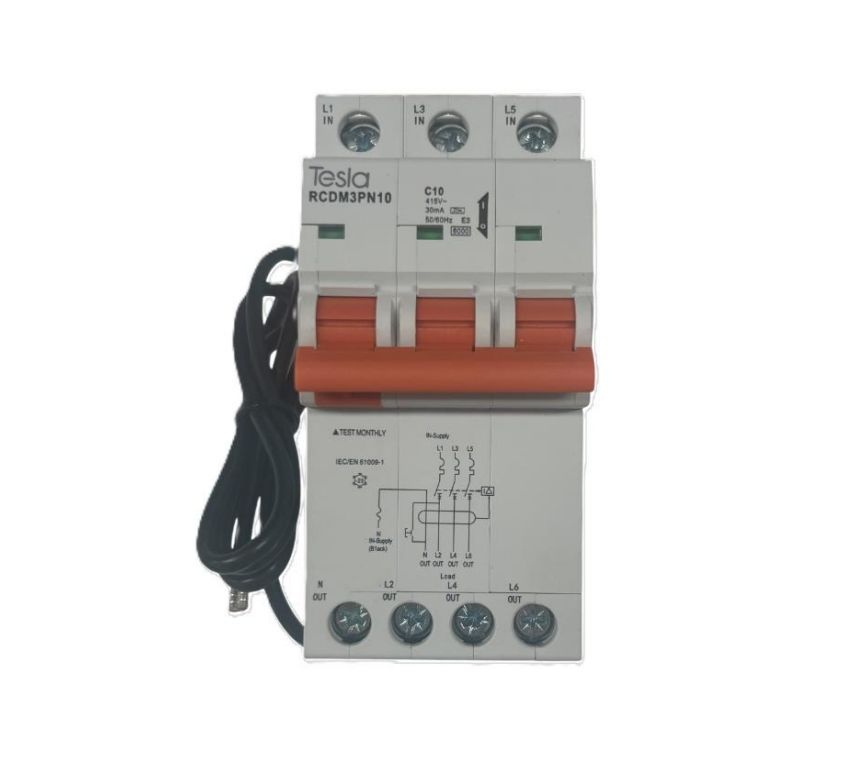 RCBO 3 Pole 25A with Neutral Tail Type A 30ma TESRCDM3PN25