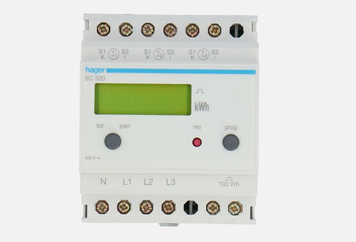 Hager 3 Phase 3 Pole + N kWh Energy meter via CT EC320