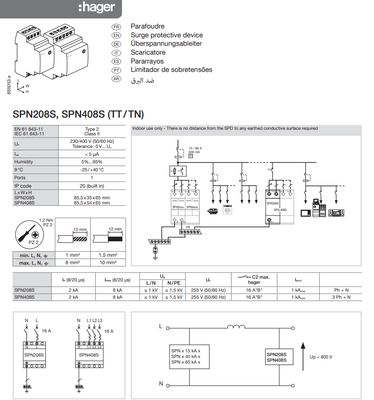 Hager 8kA 1P+N Surge Protective Device SPN208S