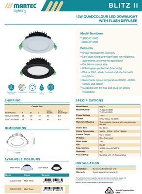 Blitz 13W Downlight White Flat Face CCT Tri-Color Dimmable TLBD34510WD