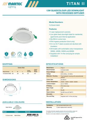 Titan 13W Downlight White Recessed Face CCT Quad-Colour Dimmable TLTD34510WD