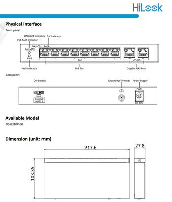 HiLook 8 Port Fast Ethernet Unmanaged POE Switch 100Mbps NS-0310P-60