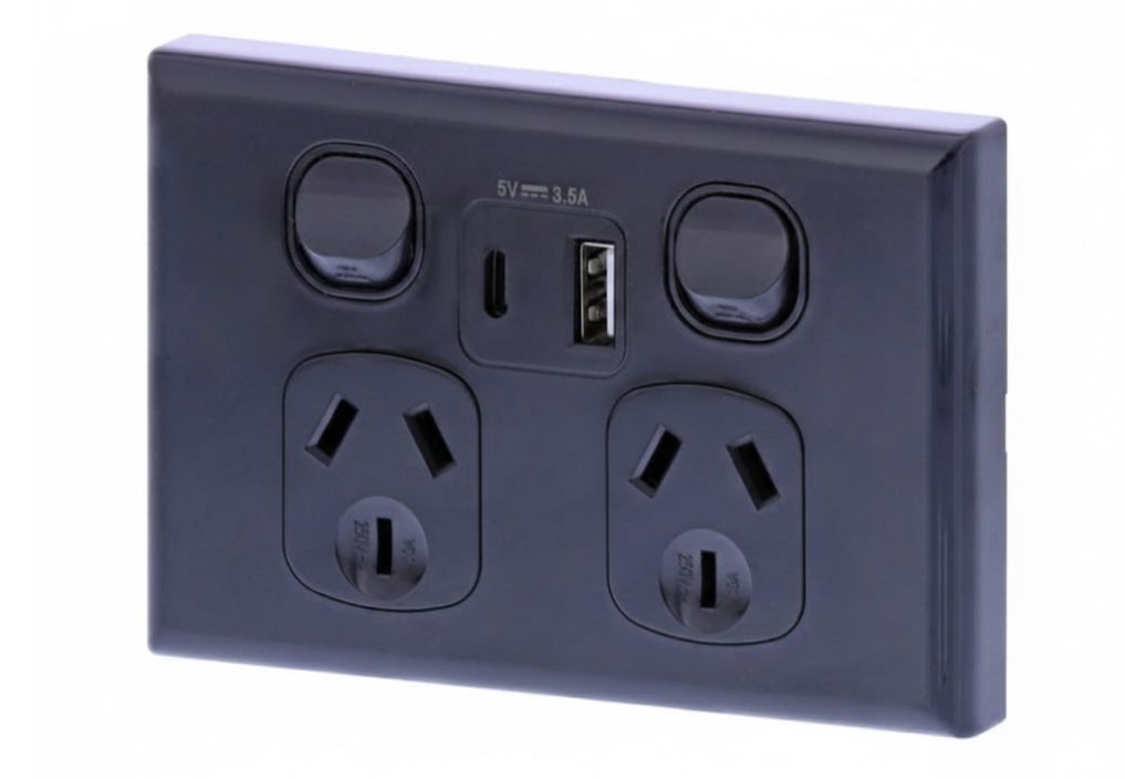 Double GPO with USB A &amp; C Charger Dual Port BLACK TESGPO2USBACBLK