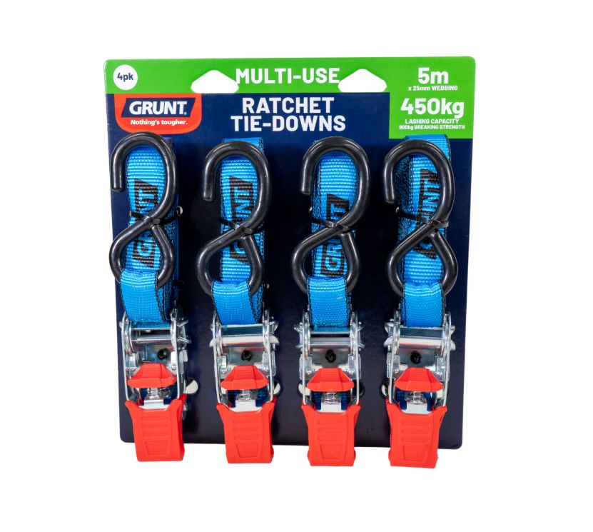 GRUNT 25mm x 5m 450Kg Ratchet Tie Down Strap Pack of 4 GRTD0127