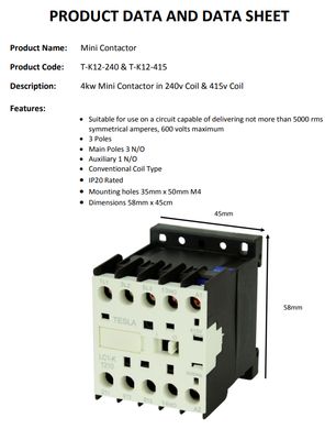 Mini K-Type Contactor 220-240v Coil 12A Rated 1 NO Contact T-K1210 TESTK12