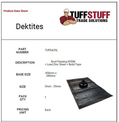 6-50mm Dektite Roof Flashing EPDM Lead zinc Butyl tape 450mm x 280mm TUFDA35L