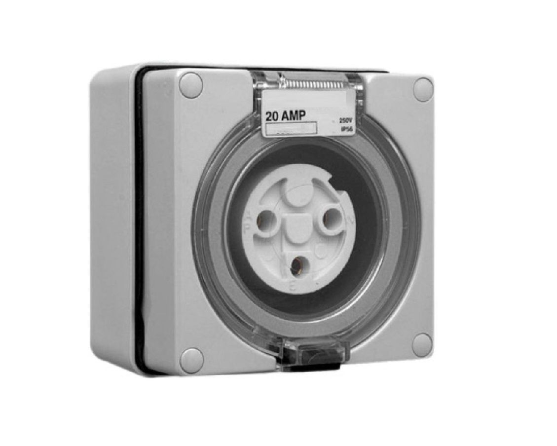 3 Round Pin 20A Socket Outlet IP66 Grey TESTSO320