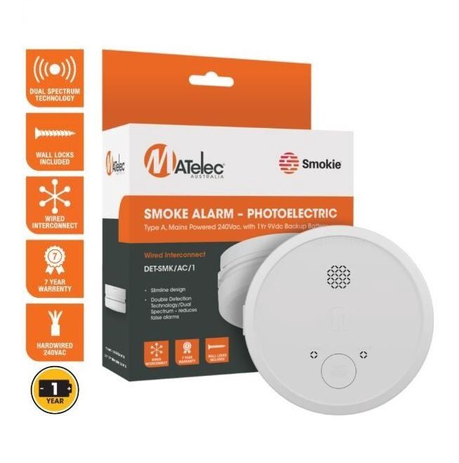Smoke Alarm Detector 240V Photoelectric with 1 year 9V battery backup interconnectable DET-SMK/AC/1