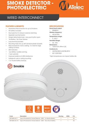 Smoke Alarm Detector 240V Photoelectric with 1 year 9V battery backup interconnectable DET-SMK/AC/1
