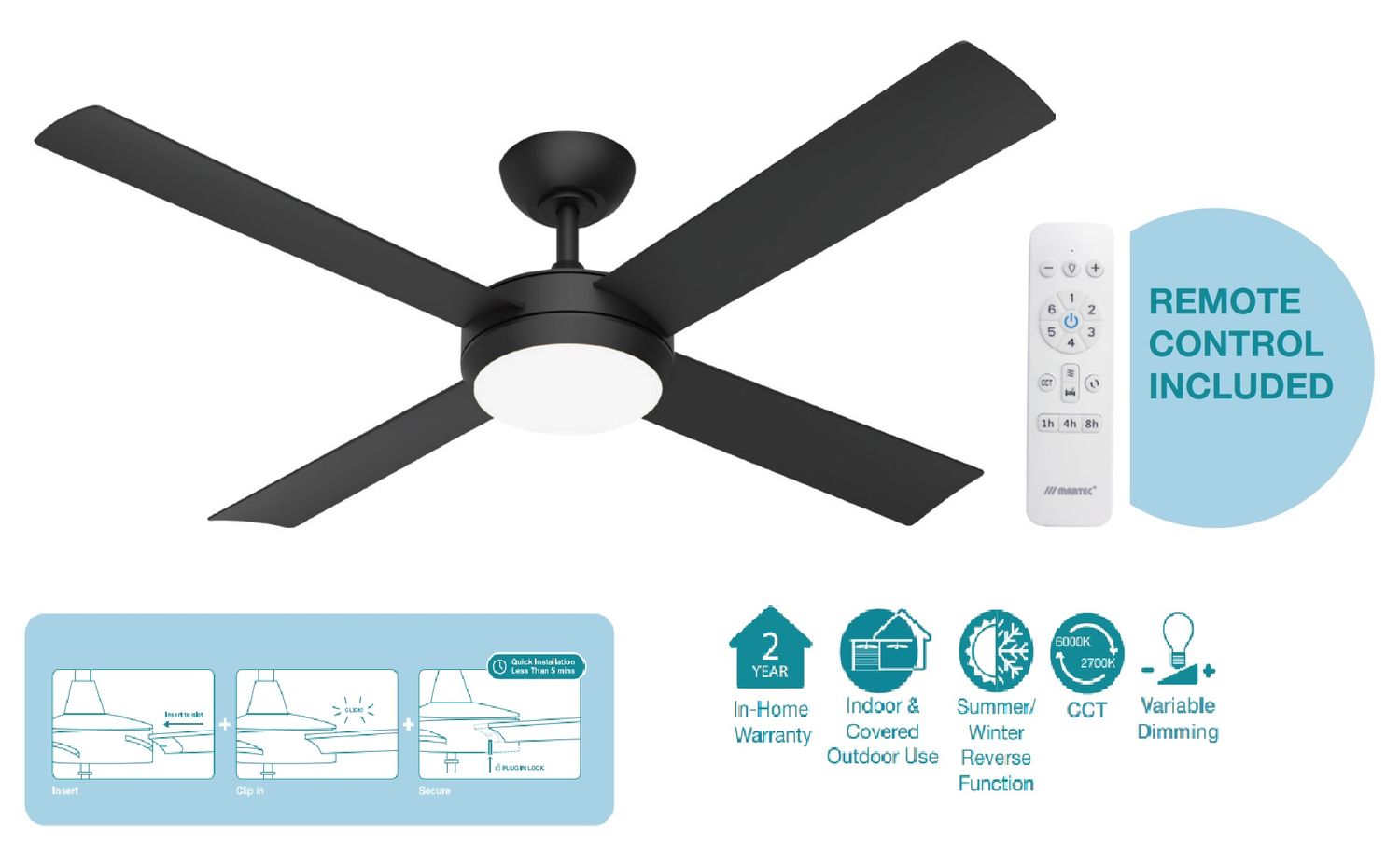 Quantum DC 52″ 4 Blade Black Ceiling Fan With Remote Control + LED Light MQDC1343MR
