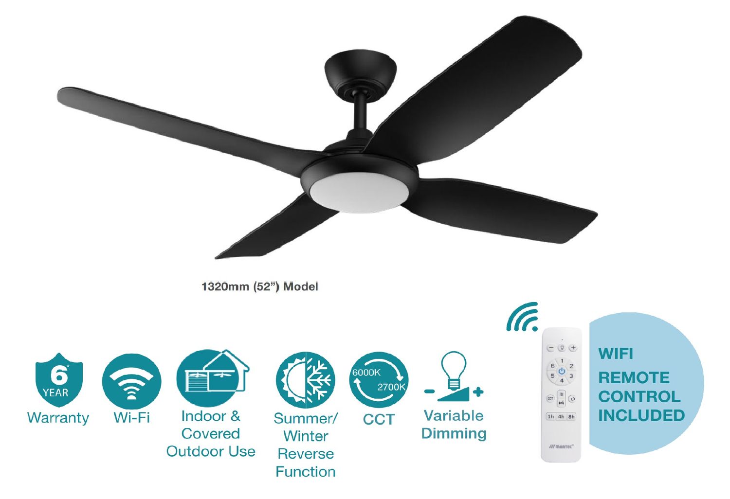 Viper DC 52″ 4 Blade BLACK Smart Ceiling Fan With WIFI Remote Control + LED Light MVDC1343M