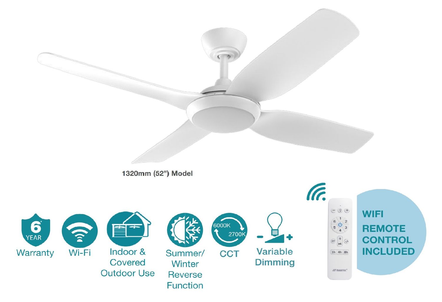 Viper DC 52″ 4 Blade White Smart Ceiling Fan With WIFI Remote Control + LED Light MVDC1343W