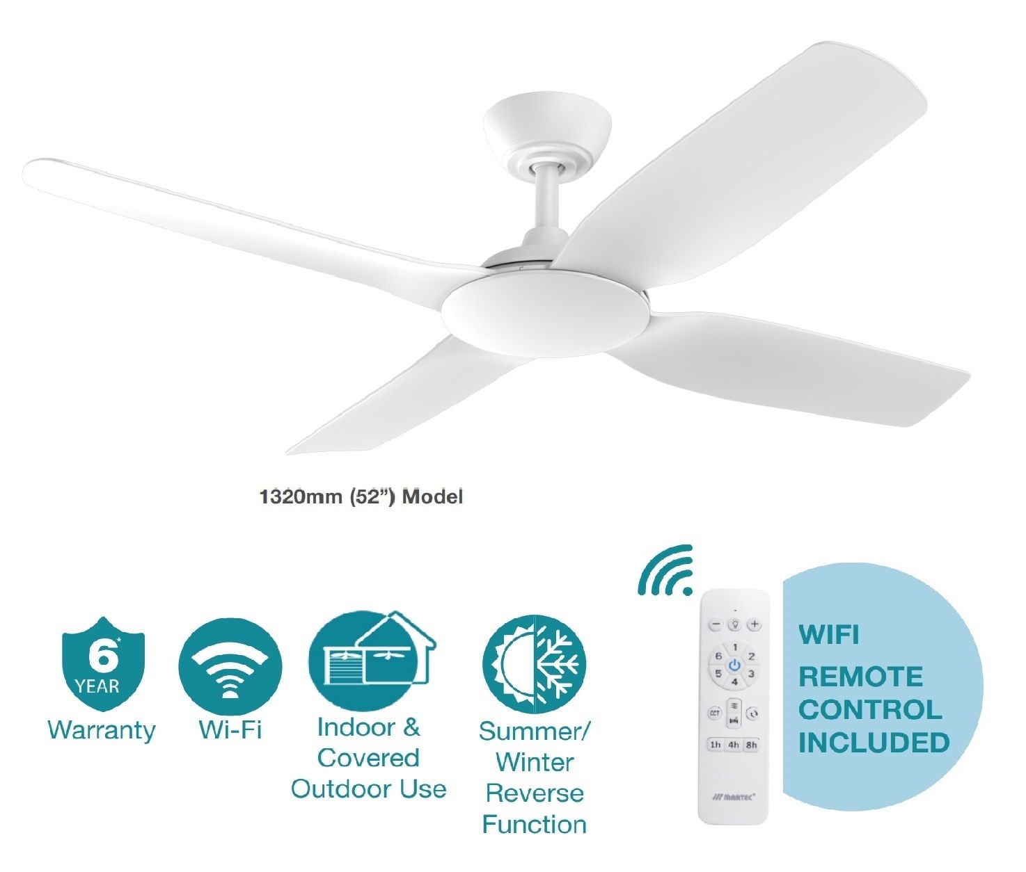 Viper DC 52″ 4 Blade White Smart Ceiling Fan With WIFI Remote Control MVDC134W
