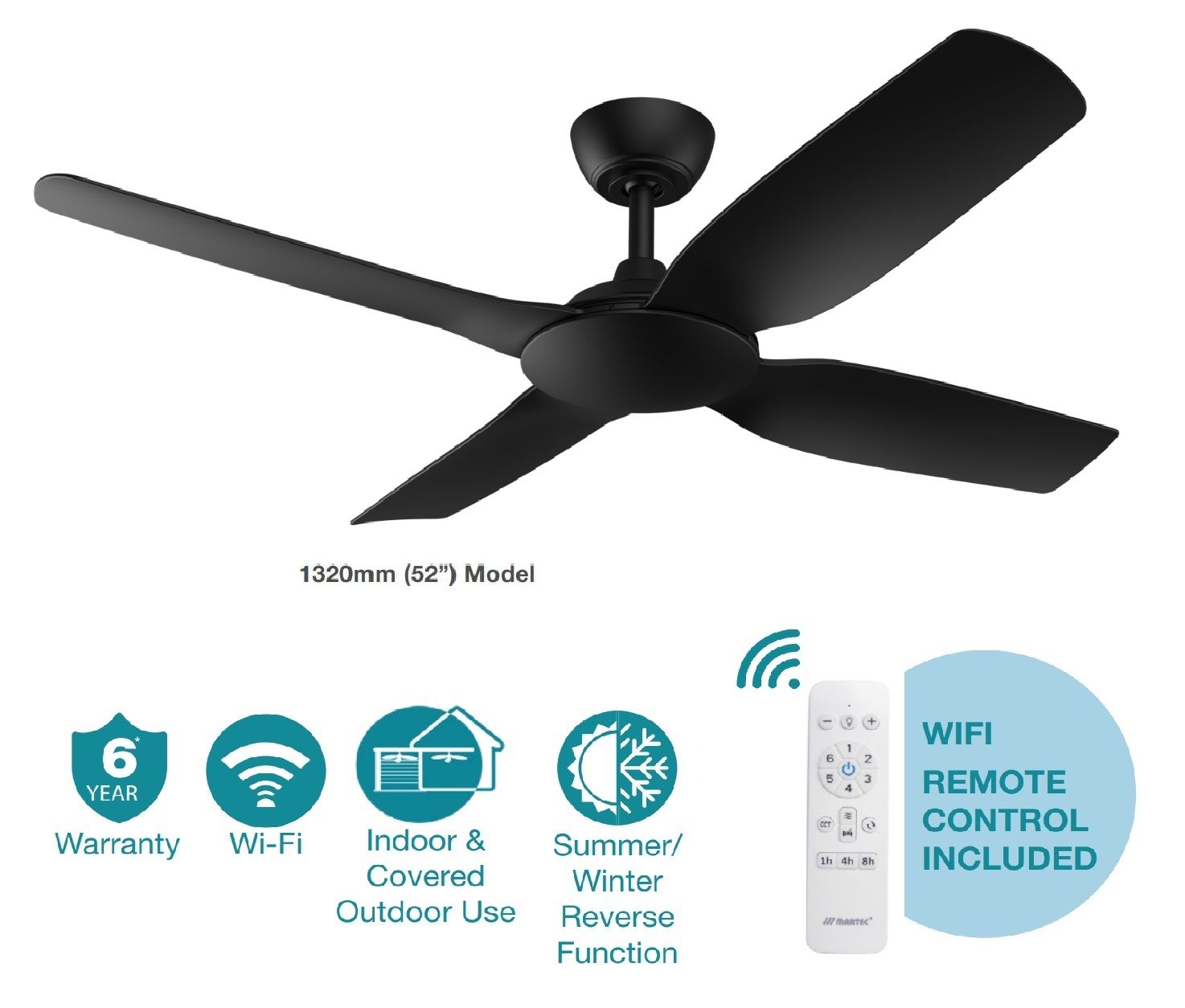 Viper DC 52″ 4 Blade BLACK Smart Ceiling Fan With WIFI Remote Control MVDC134M