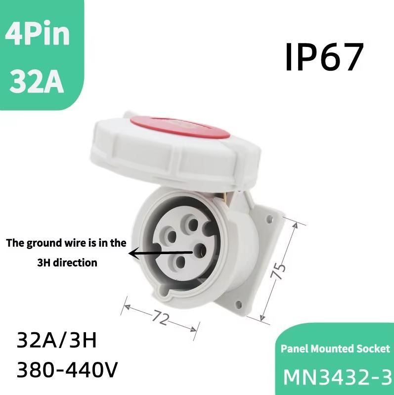 4 Pin 32A Marine CEE Panel Mount Socket Outlet Refrigerated Container MNIEKNES IP67 MN3432-3