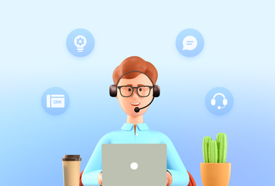 illustration of smiling guy behind a laptop with a headset on his head