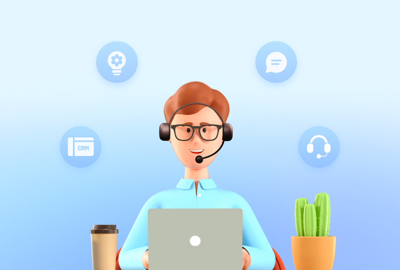 illustration of smiling guy behind a laptop with a headset on his head