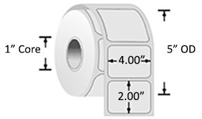 SATO-SF300 DuraMark White Gloss Polyester (BOPP) 4.00" x 2.00" Synthetic Thermal Labels, on 1-inch core, 5-inch OD Rolls