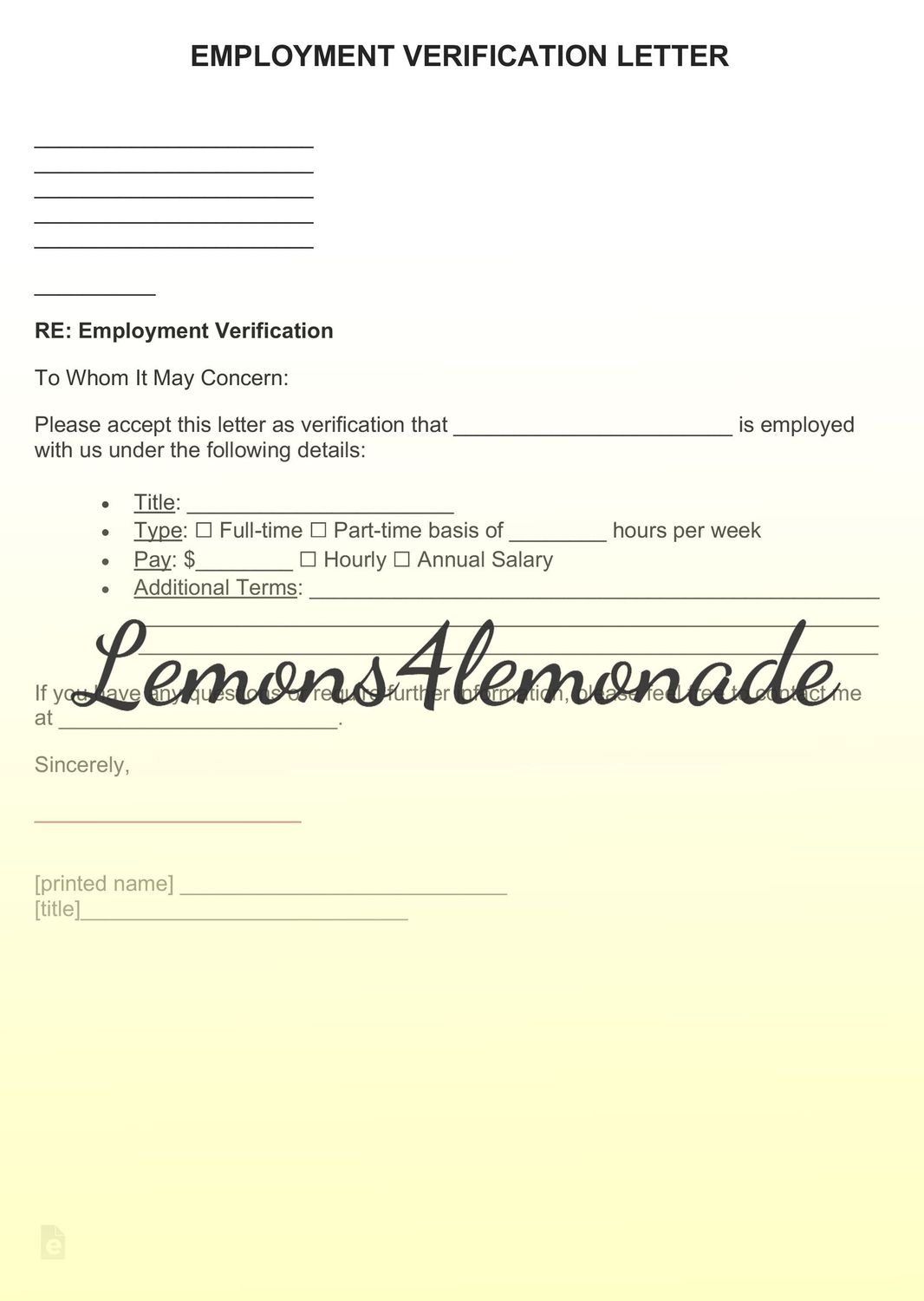 Employment Verification Letter Template