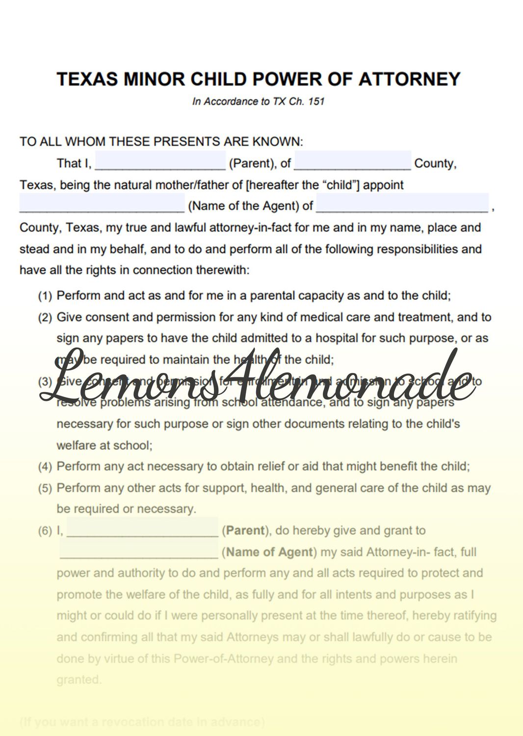 Texas Minor Child Power of Attorney
