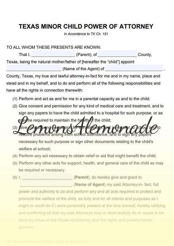 Texas Minor Child Power of Attorney