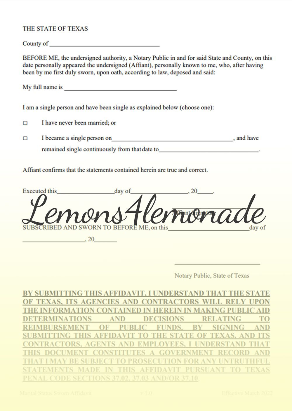 Marital Status Sworn Affidavit
