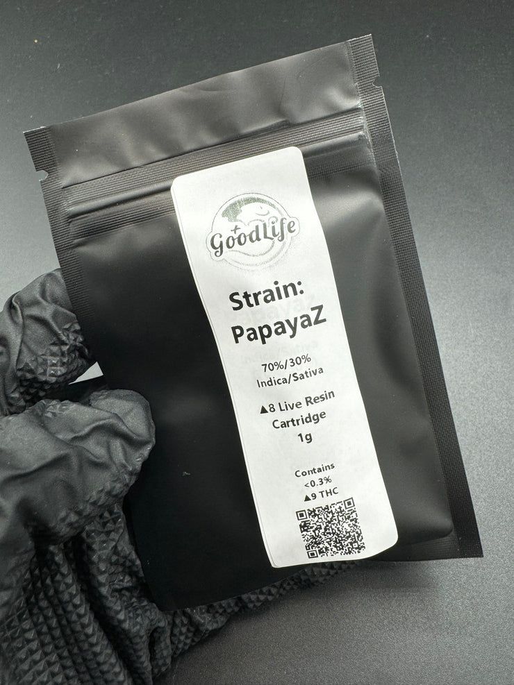GoodLife - 1g Cartridge (Distillate, Δ8-THC), Strains (Indica %, Sativa %): PapayaZ - (70% 30%)