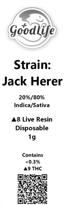 GoodLife - 1g Disposable (Distillate, Δ8-THC), Strains (Indica %, Sativa %): Jack Herer - (20% 80%)