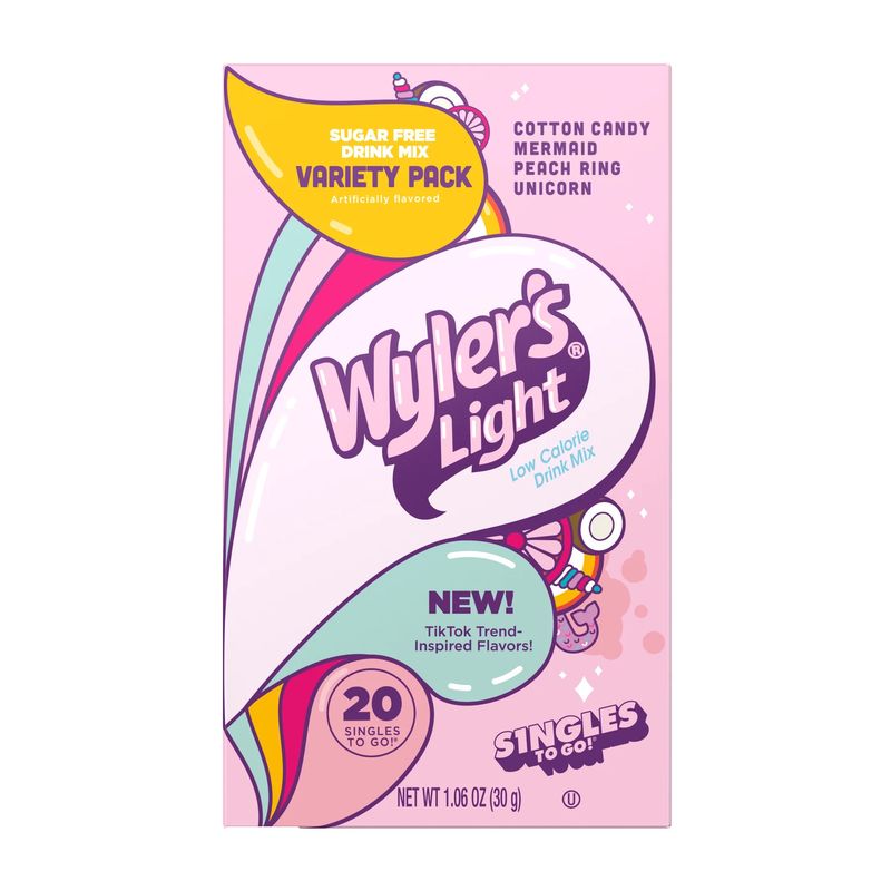 WYLERS LIGHT WATERTOK INSPIRED FUN FLAVORS 20 PACK COTTON CANDY ,MERMAID , PEACH RING  UNICORN SINGLES TO GO
