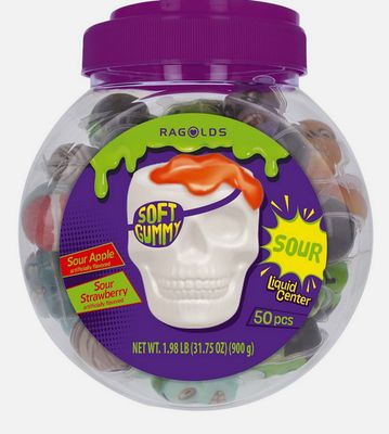 RAGOLDS SOFT AND GUMMY SOUR SKULLS WITH LIQUID CENTER FULL CONTAINER 50 COUNT