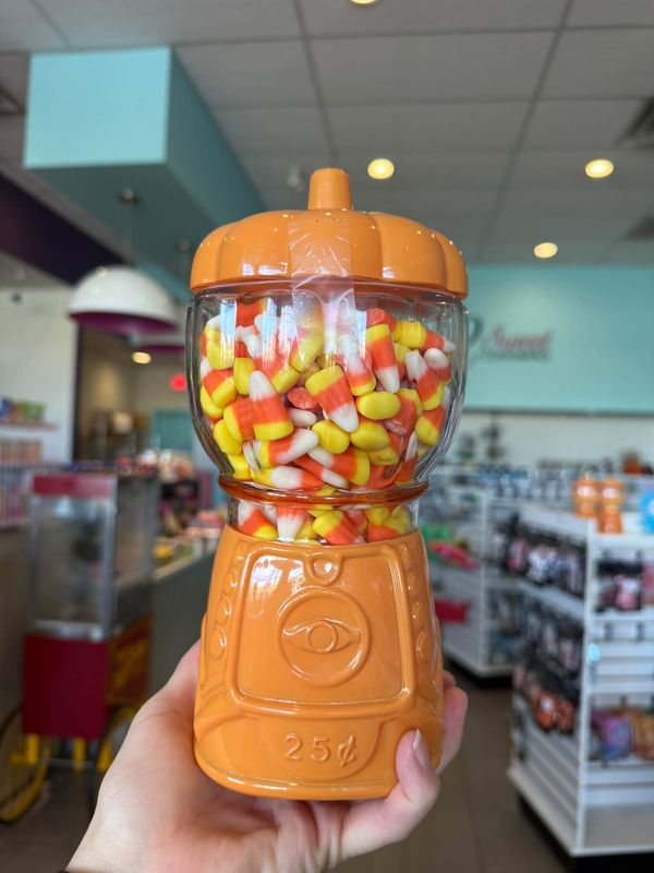 Glass Pumpkin Bubble Gum Machine filled with Candy Corn