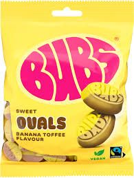 BUBS SWEDISH CANDY SWEET OVALS  BANANA TOFFEE 156G