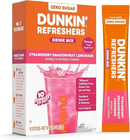 DUNKIN REFRESHERS DRINK MIX 10 PACK STRAWBERRY DRAGONFRUIT LEMONADE