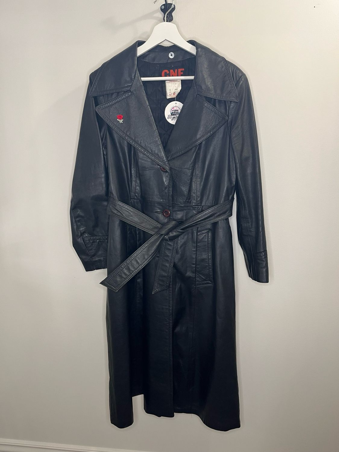 Vintage Black Leather Trench with red rose