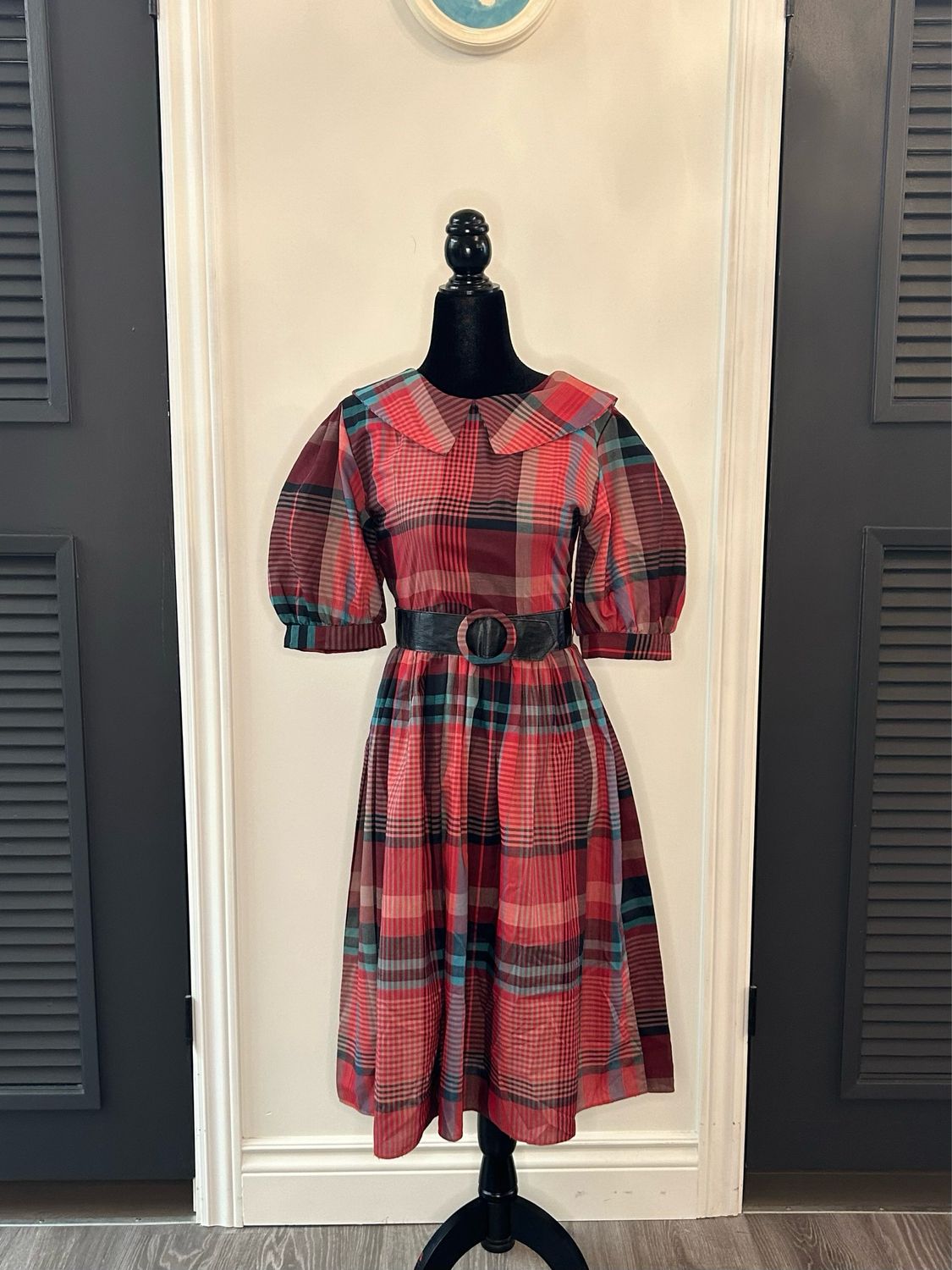 Retro Red Plaid Belted Dress