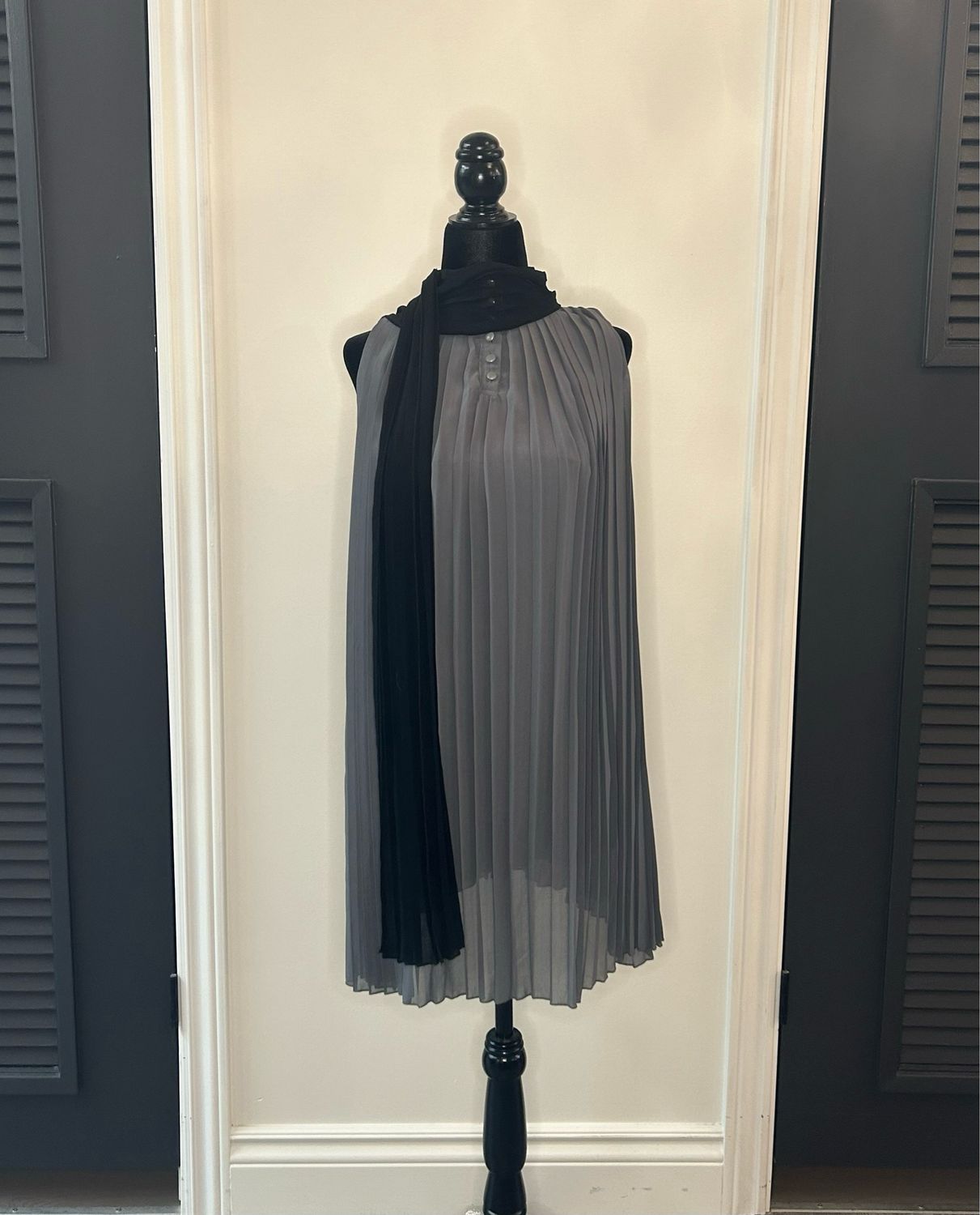 Grey Pleated Dress with Scarf Detail