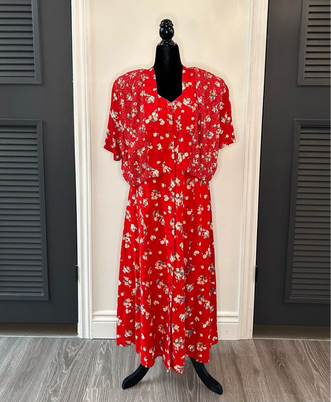 Vintage Red Floral Maxi Dress with Shrug
